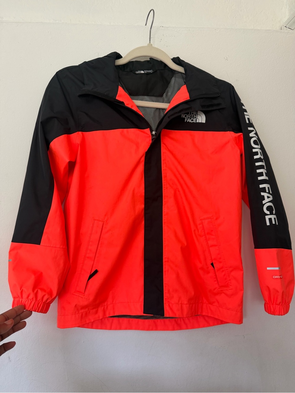 The North Face Black and Neon Red Hooded Windbreaker